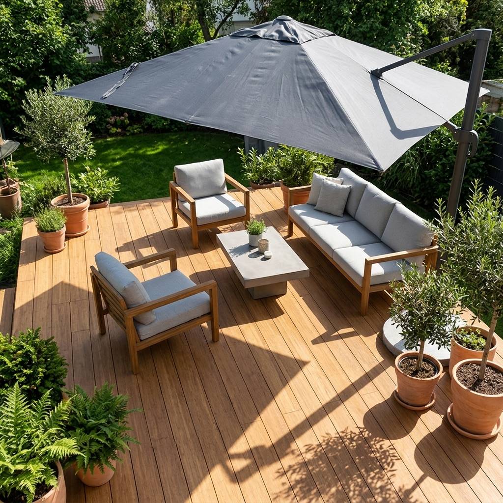 Moderne Gartenterrasse mit Terrassendielen, stilvollen Loungemöbeln und großem Sonnenschirm – langlebiger, pflegeleichter Terrassenbelag für den Außenbereich.