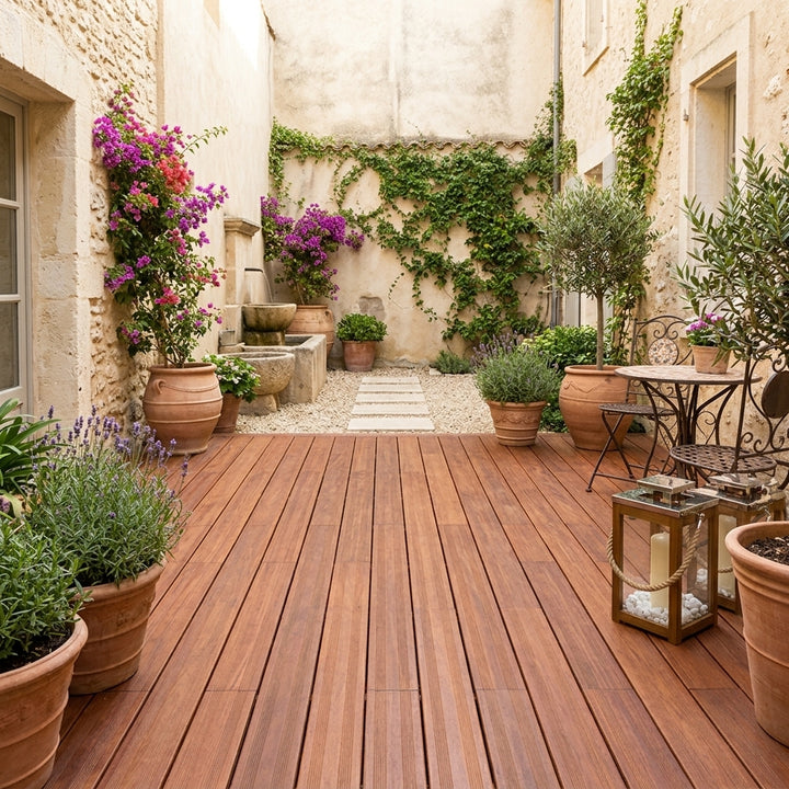 Mediterraner Innenhof mit Bambus-Terrassendielen in der Farbe coffee, blühenden Pflanzen und gemütlichem Sitzplatz – langlebiger, pflegeleichter Terrassenbelag mit natürlicher Holzoptik für stilvolle Außenbereiche.