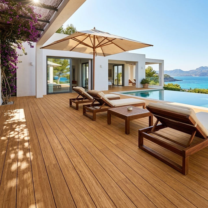 Luxuriöse Poolterrasse mit Terrassendielen, Sonnenliegen und Meerblick – langlebiger, pflegeleichter Terrassenbelag mit natürlicher Holzoptik für exklusive Außenbereiche.