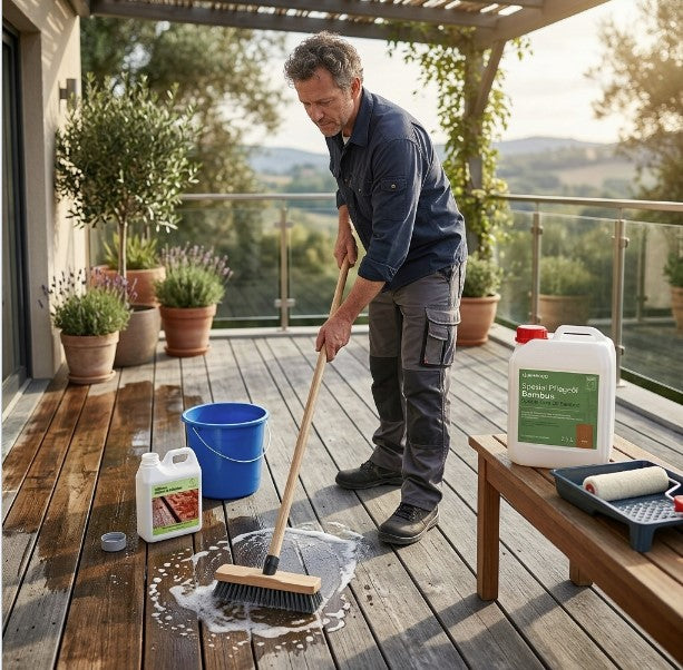 Person reinigt eine  Bambusterrasse mit Bürste und Wasser auf einer modernen Außenterrasse. Daneben stehen ein Eimer sowie Bambus-Pflegeprodukte zur Terrassenreinigung und -pflege. Die Szene zeigt die fachgerechte Reinigung und Pflege von Terrassendielen zur Erhaltung der natürlichen Holzoptik und Langlebigkeit im Außenbereich.