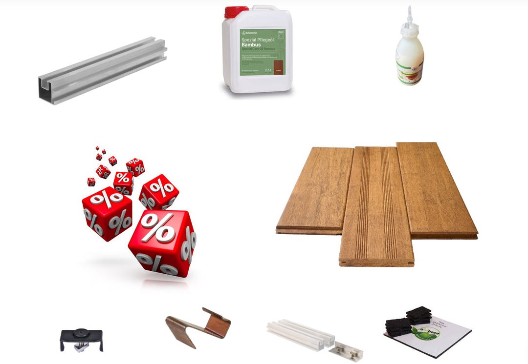 Das Terrassen Komplettpaket aus Bambus - in der Farbe Natur hell, mit Montagematerial.