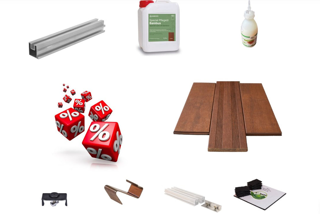 Komplettpaket für Bambus-Terrasse Varadero mit Dielen, Aluminium-Unterkonstruktion, Clips, Pflegeöl und Zubehör.