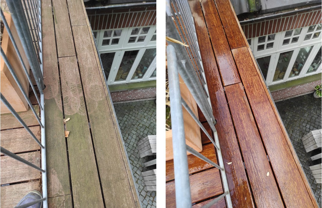 Bambus-Terrassendielen vor der Behandlung mit Anti-Belag-Reiniger. Sichtbare Algen- und Grünbeläge sowie Verschmutzungen auf der Terrassenoberfläche vor und nach der Reinigung.